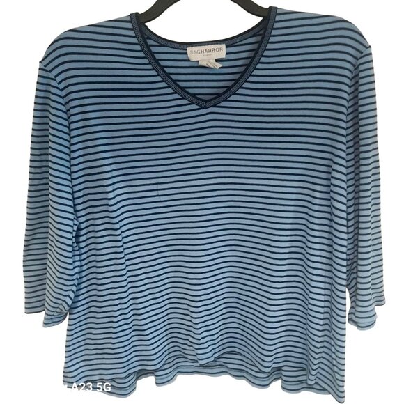 Sag Harbor Women's Blue & Black Striped Top - Size M Classic Outdoor V Neck - Picture 1 of 4